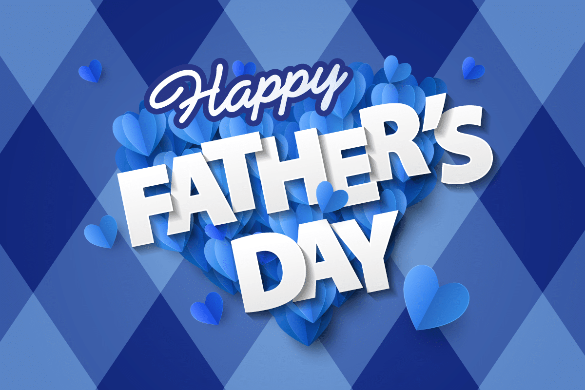 Digital card showing bold white text that reads "Happy Father's Day" over a heart-shaped cluster of blue hearts. The background features a blue diamond pattern, conveying a celebratory tone.